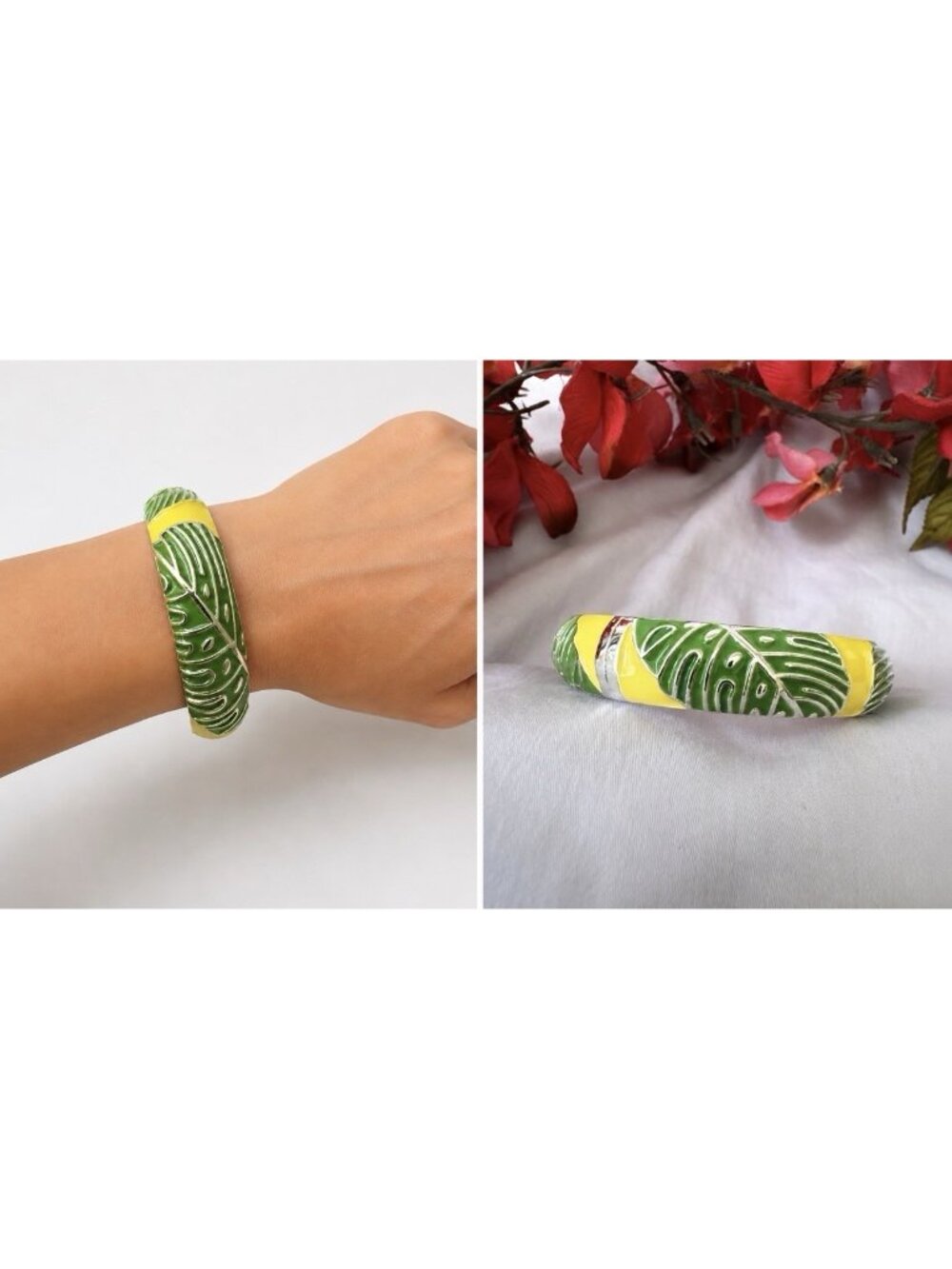 Green Yellow Gold CZ Enamel Cloisonne Bangle Bracelet 1/2" Colorful Leaves Hinge